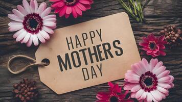 AI generated Image Rustic wood background with happy Mothers Day tag, pink flowers photo