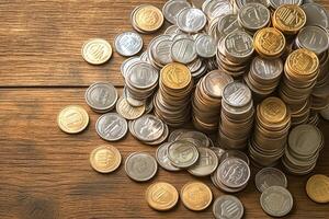 ai generado financiero perspectiva monedas apilado en un rústico de madera superficie foto