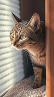 AI generated Indoor antics Arrogant tabby cat near window blinds, playful indoors Vertical Mobile Wallpaper photo