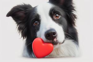 AI generated Closeup a cute border collie holding a red heart photo