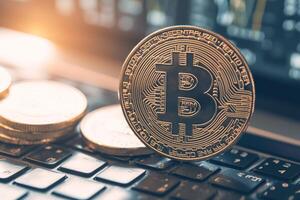 AI generated Crypto perspective Macro shot showcasing Bitcoins coins on a laptop photo
