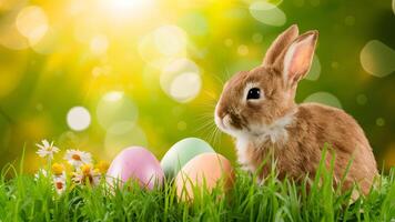 AI generated StockImage Sunny Easter background with bunny, eggs, flowers, grass, and bokeh photo