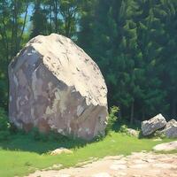 AI generated Solid gray boulder contrasts against green trees in a natural setting For Social Media Post Size photo