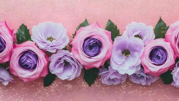 AI generated Romantic pink purple roses flower border on soft glitter background photo