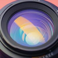 AI generated Colorful reflection Close up of a camera lens with vibrant hues For Social Media Post Size photo