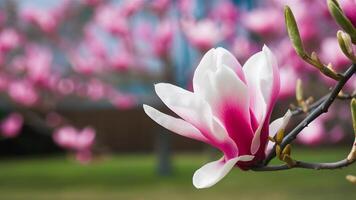 AI generated Subject Blurred nature background with magnolia spring blooming garden photo