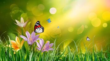 AI generated Abstract nature spring background with flower and butterfly art photo