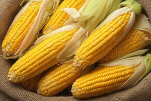 AI generated Photo Side view of a group of corn on a textured bag