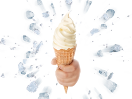 Soft ice cream in hand on background of broken ice PNG transparent