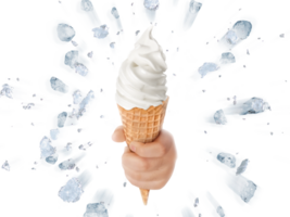 Soft ice cream in hand on background of broken ice PNG transparent