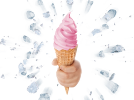 Soft ice cream in hand on background of broken ice PNG transparent