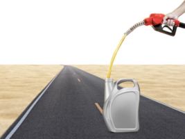 Hold the gasoline injector into the gallon. There are road and desert backgrounds. PNG transparent