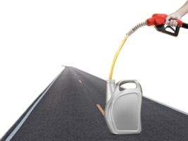 Holding a gasoline injector into a gallon with a road background PNG transparent