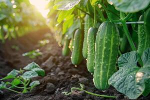 ai generado un Pepino crece en un jardín foto