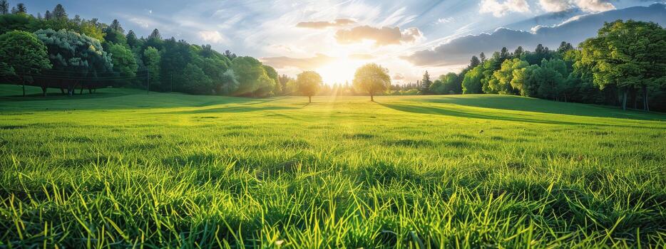 AI generated Green Field With Trees and Sun Peeking Through Clouds photo