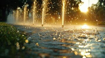 AI generated Water Spewing Out of Pond at Sunset photo