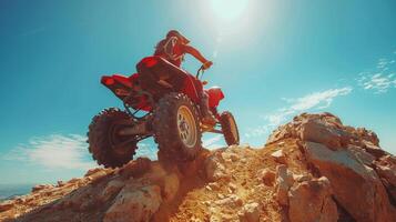 AI generated Man Riding Red Four-Wheeler Through the Air photo