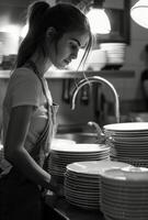 ai generado mujer en pie en cocina siguiente a pilas de platos foto