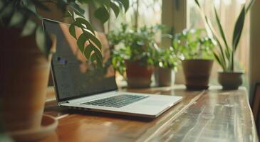 AI generated Laptop Computer on Wooden Table photo