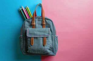 AI generated Blue Backpack With Colored Pencils photo