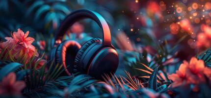 AI generated Headphones on Lush Green Field photo