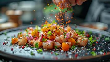 AI generated Person Sprinkling Seasoning on Plate of Food photo