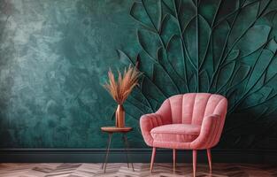 AI generated Pink Chair in Front of Green Wall photo