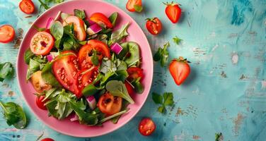 AI generated Pink Plate With Tomato Salad photo