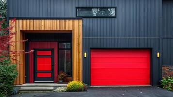 AI generated Red Garage Door in Front of a Black House photo