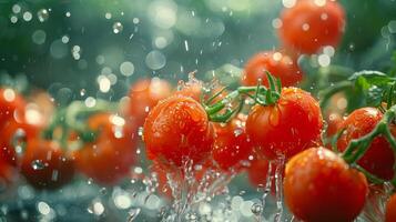 ai generado Tomates flotante en agua foto