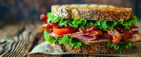 AI generated Bacon Lettuce Tomato Sandwich on Wooden Board photo