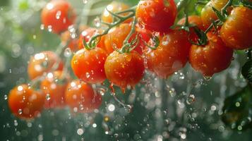 ai generado Tomates flotante en agua foto