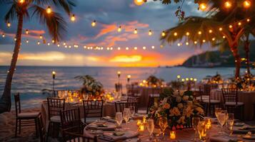 ai generado cena mesa conjunto arriba con puesta de sol antecedentes foto