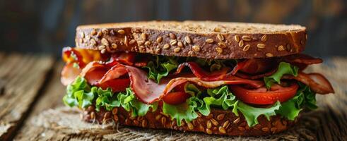 AI generated Bacon and Lettuce Sandwich on Wooden Table photo