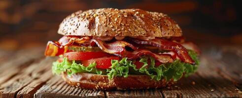 ai generado tocino, lechuga, y tomate emparedado en de madera mesa foto