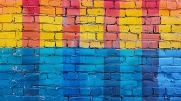 AI generated Colorful Brick Wall With Red, Yellow, Blue, and Pink photo