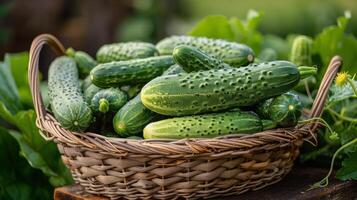 AI generated Basket of Cucumbers on Wooden Table photo