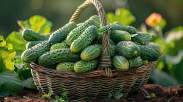 AI generated Basket of Cucumbers on Wooden Table photo