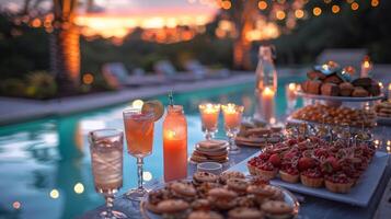 ai generado mesa conjunto con comida siguiente a piscina foto