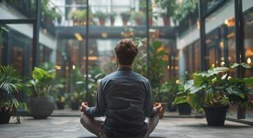 AI generated Man Sitting in Lotus Position in Front of Building photo