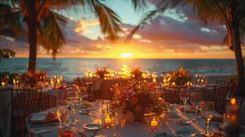 AI generated Dinner Table Set Up With Sunset Background photo