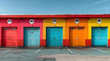 ai generado fila de brillantemente de colores garaje puertas en estacionamiento lote foto