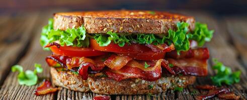 ai generado tocino, lechuga, y tomate emparedado en de madera mesa foto