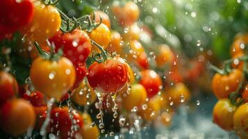 ai generado Tomates flotante en agua foto