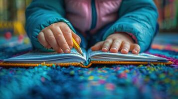 ai generado persona escritura en cuaderno con lápiz foto