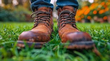 AI generated Persons Boots Close Up in Grass photo