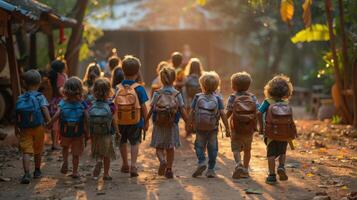 AI generated Group of Kids Walking Down Street at Sunset photo