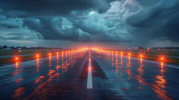 ai generado iluminado aeropuerto pista a noche foto