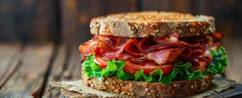 AI generated Bacon and Lettuce Sandwich on Wooden Table photo