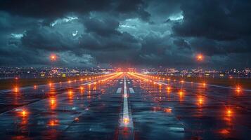 ai generado iluminado aeropuerto pista a noche foto